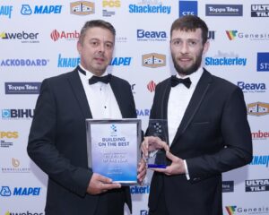 Tile Fixer of the Year Highly Commended 2024 – Sam Iland, Ace Tiling Ltd (L to R: Steve Lahera, Charlie Hoffman - on behalf of Sam Iland)