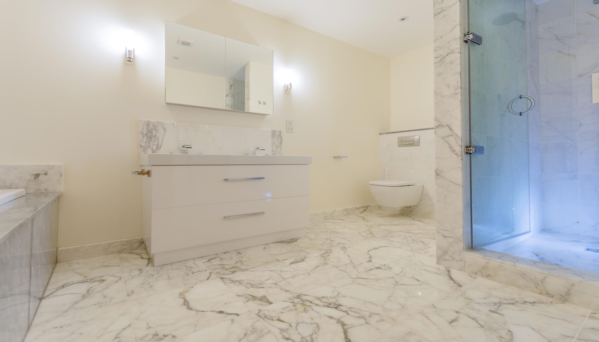 white marble bathroom LED lights modern style image no people photograph photography long smart well organised colour